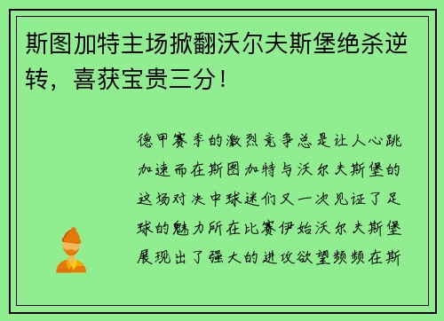 斯图加特主场掀翻沃尔夫斯堡绝杀逆转，喜获宝贵三分！